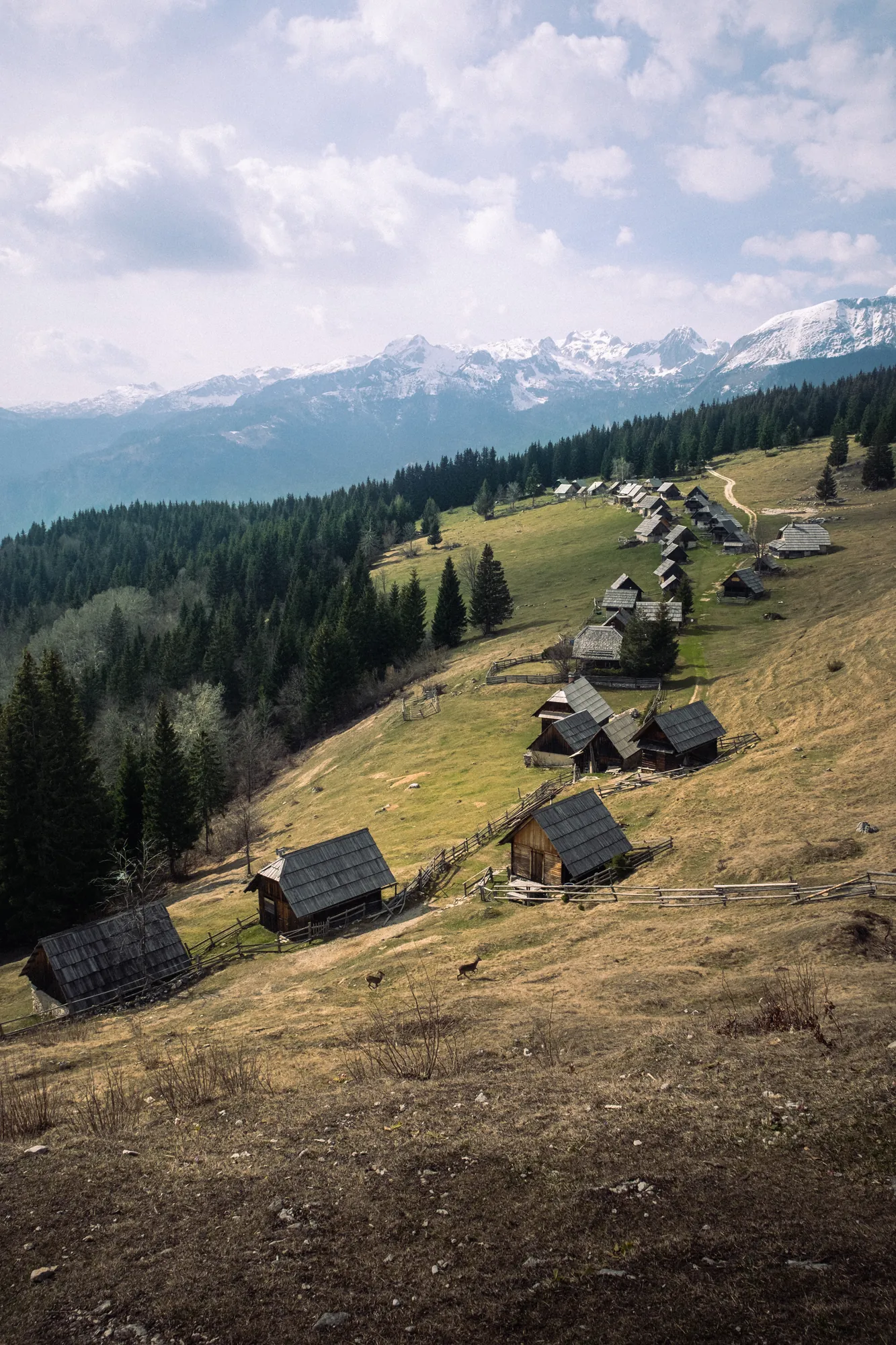 Traditional wooden alpine huts stretching along a mountain ridge with snowy peaks beyond